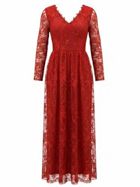 Red Lace Long-Sleeve Formal Maxi Dress